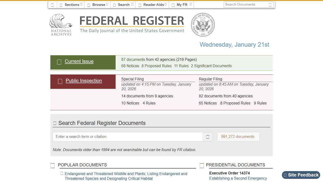 Federal Register :: Home - Wednesday, January 21st